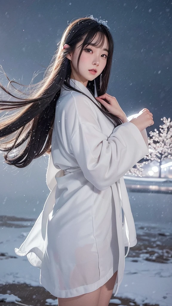 Delicate and dainty young woman with long glossy grey hair. She is wearing a white only short thigh-baring kimono. The background is a fantastic and ethereal night sky with a heavy snowstorm in the snow. atmospheric.