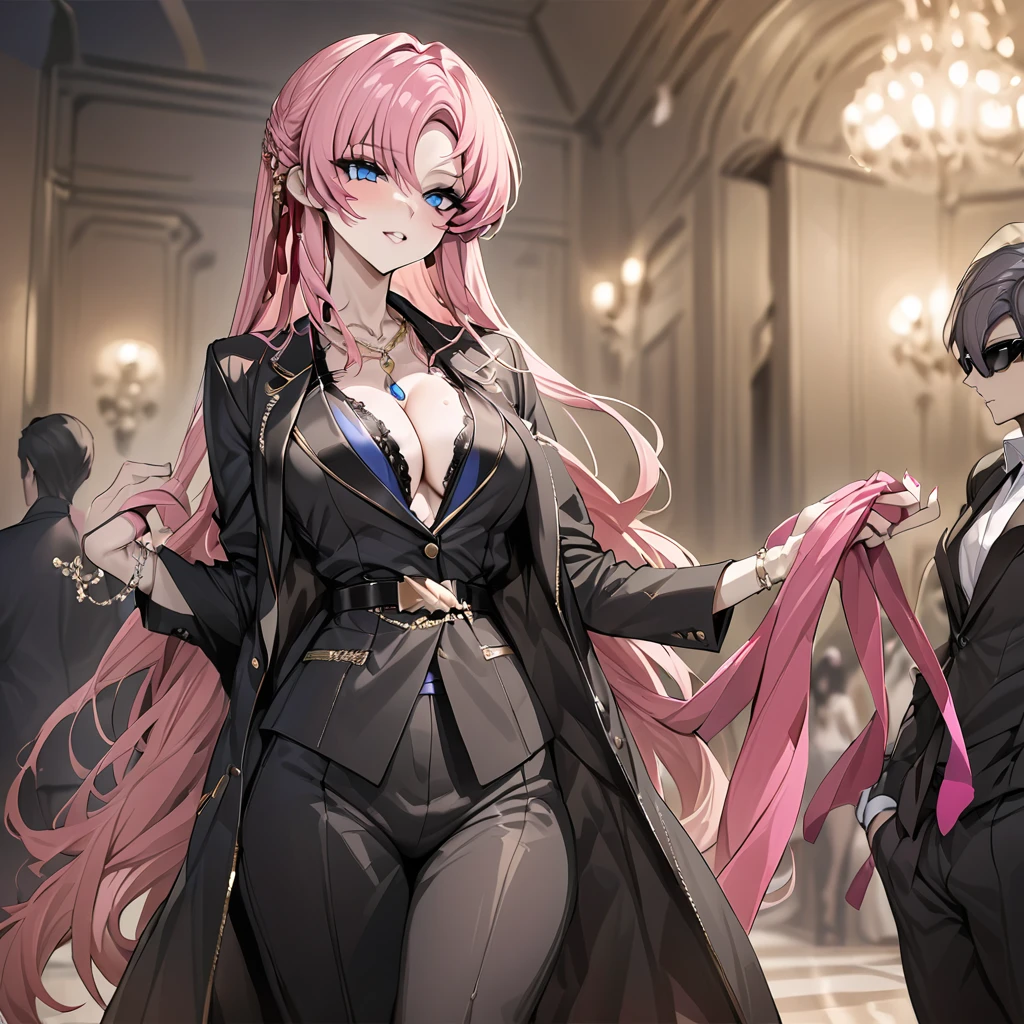 ((Highest quality)), ((masterpiece)), (detailed), (Perfect Face)、The woman is Lacus Clyne, a villainous mafia woman with blue eyes and medium-long pink hair, wearing a black suit, sunglasses, and luxurious accessories.、She is being held close by the mafia boss、The woman has absolute loyalty to the mafia and her boss.