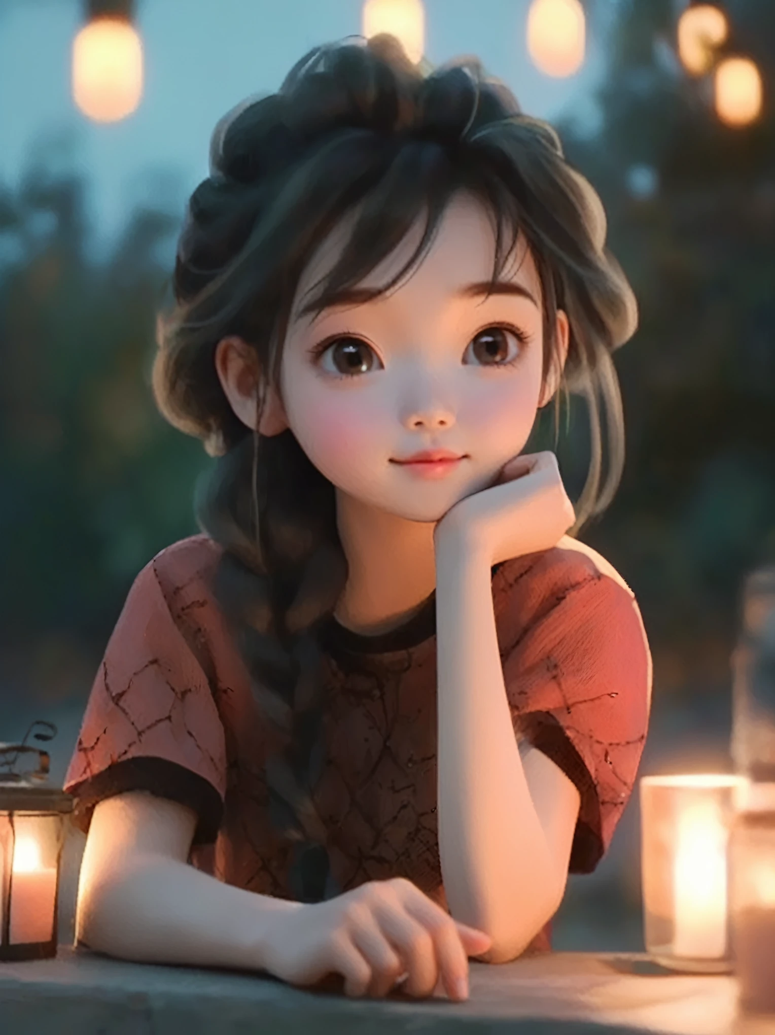 A long-haired girl sitting on a bench，Holding a cup in hand, charming细致的数字艺术, charming的数字艺术, charming卡通 character, charming的肖像, charming卡通, charming的角色, Soft portrait shots 8 k, charming的数字, charming的 3d 渲染, charming, charming的动漫女孩, charming美丽, Beautiful soft lighting, charming, charming的卡哇伊女孩