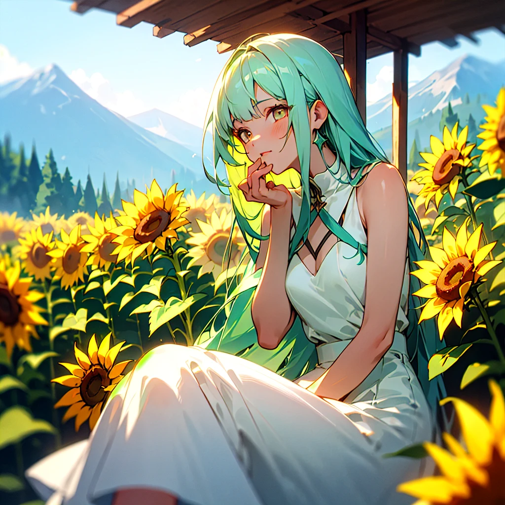 (masterpiece, Best quality),1 girl with long light green hair and white eyes, sitting on the sunflower field, Behind the Mountains. her hand under her chin, warm lighting, White dress, blurred foreground, peninsula
