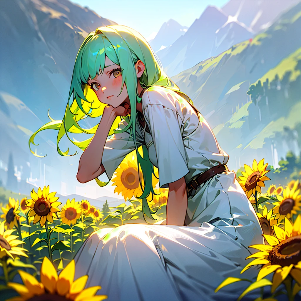best quality, masterpiece, highres, detailed, digital artwork, <lora:Detail - add_detail:0.2>, HxHPonzu, aqua hair, green eyes, pink shirt, yellow hat, round hat, yellow pants, <lora:Character - HxHPonzu:0.7>, hurt, field of wheat,