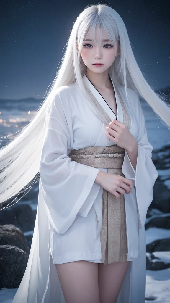 Delicate and dainty young woman with long glossy white hair. She is wearing a white only short thigh-baring kimono. The background is a fantastic and ethereal night sky with a heavy snowstorm. Her expression is stern and atmospheric.