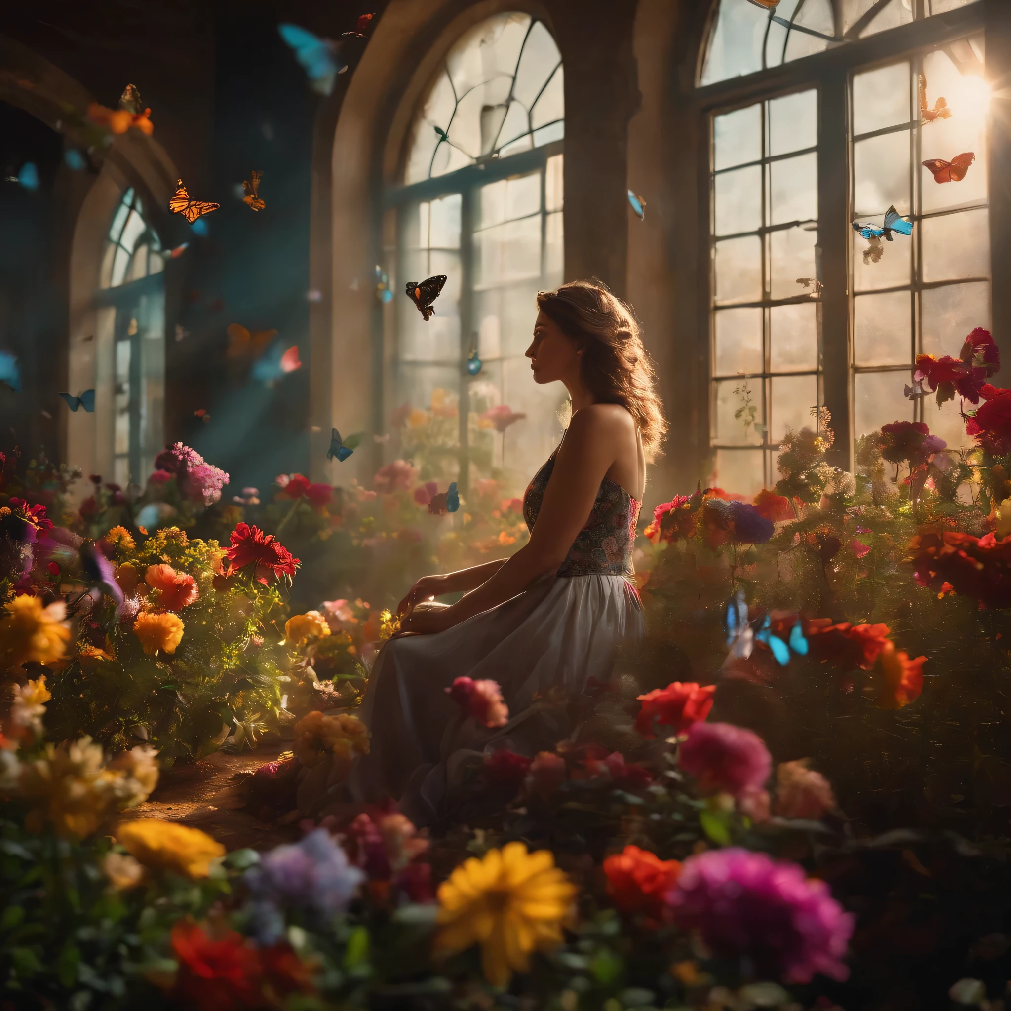 A woman with flowers surrounded by colorful flowers and colorful butterflies inside an abandoned place illuminated by a window in the afternoon