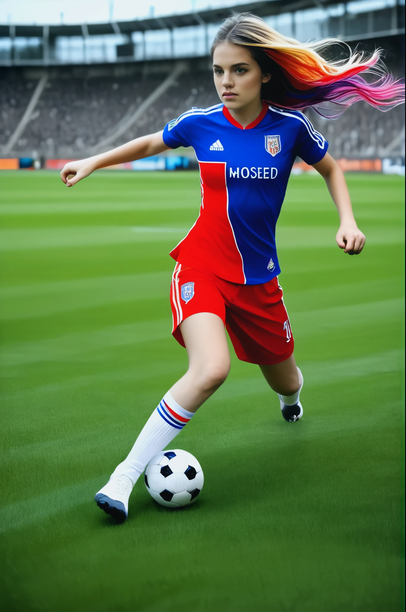 1girl, playing soccer, real madrid uniform, photorealistic, highly detailed, cinematic lighting, dynamic action pose, grass field background, soccer ball, intense expression, ultra detailed facial features, beautiful intricate uniform design, vibrant colors, hyper realistic texture, dramatic shadows and highlights, masterpiece