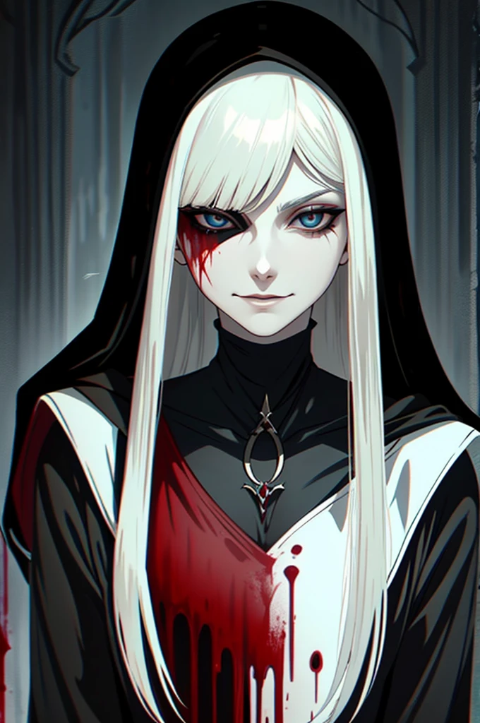 Pale, Creepy cultist, dark elf, low dim lighting, dark chamber, smirk, blood on her face