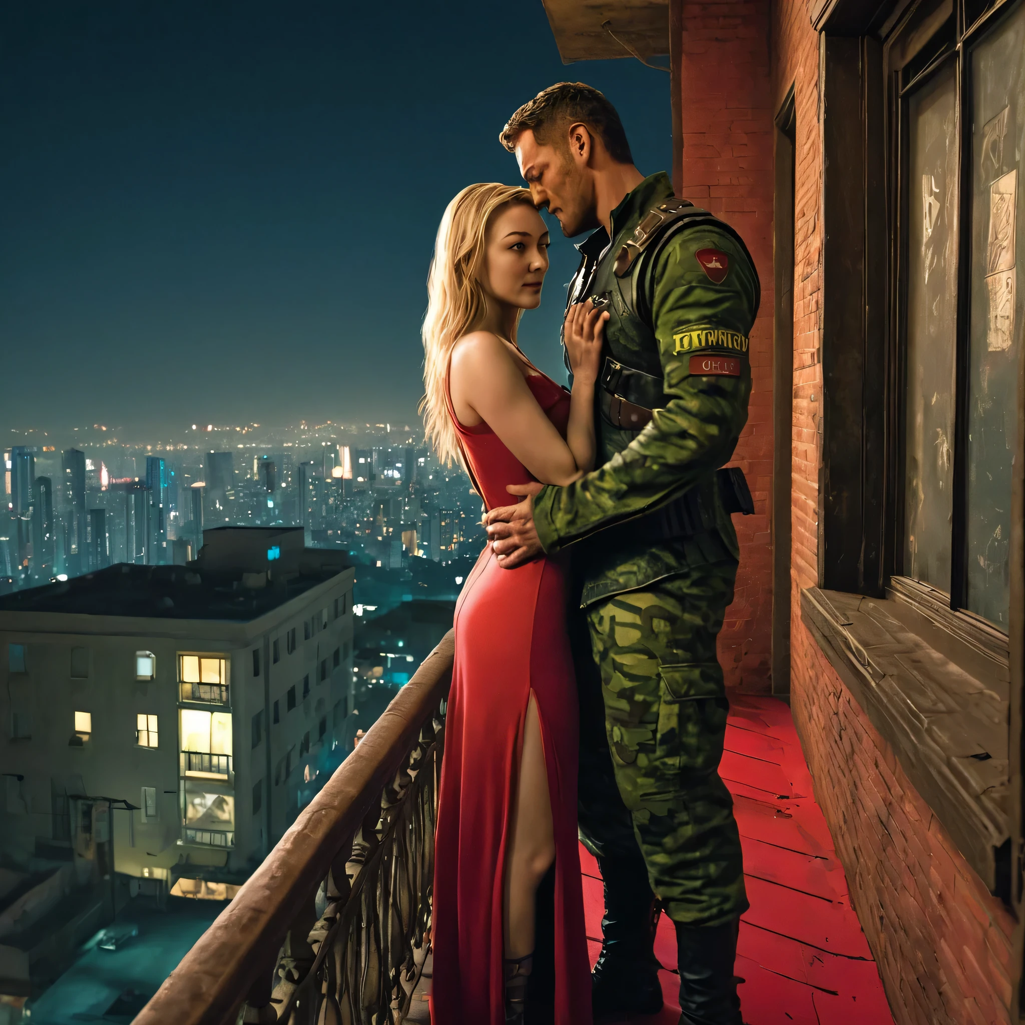 Romeo and Juliet looking alike Yvonne Strahovski and Tamoh Penikett, Romeo dressed in camouflage, Juliet in a red floor-length dress, Romeo climbs into Juliet's window through the balcony , a busy Night City street and  Night City in background, cyberpunk 2077 style 