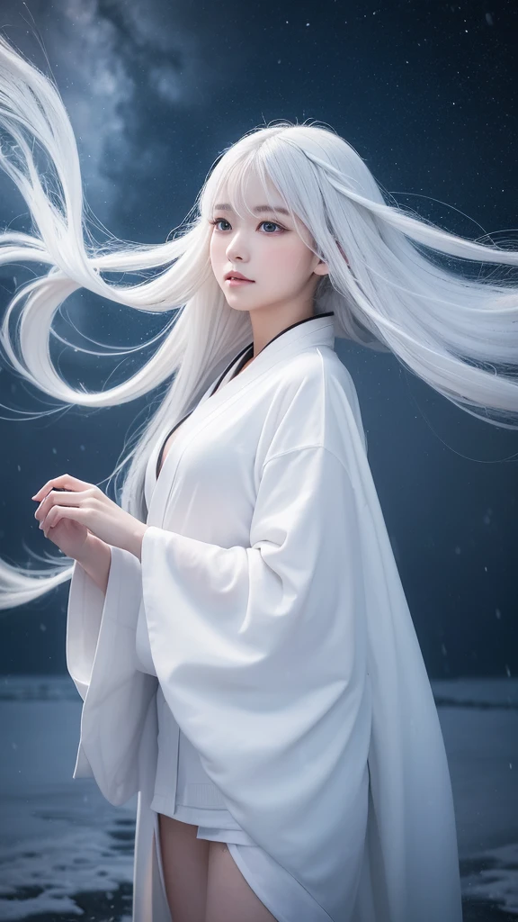 Delicate and dainty young woman with long glossy white hair. She is wearing a white only short thigh-baring kimono. The background is a fantastic and ethereal night sky with a heavy snowstorm. Her expression is stern and atmospheric.