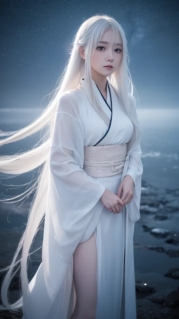 Delicate and dainty young woman with long glossy white hair. She is wearing a white only short thigh-baring kimono. The background is a fantastic and ethereal night sky with a heavy snowstorm. Her expression is stern and atmospheric.