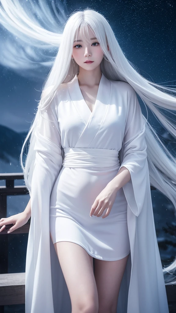 Delicate and dainty young woman with long glossy white hair. She is wearing a white only short thigh-baring kimono. The background is a fantastic and ethereal night sky with a heavy snowstorm. Her expression is stern and atmospheric.