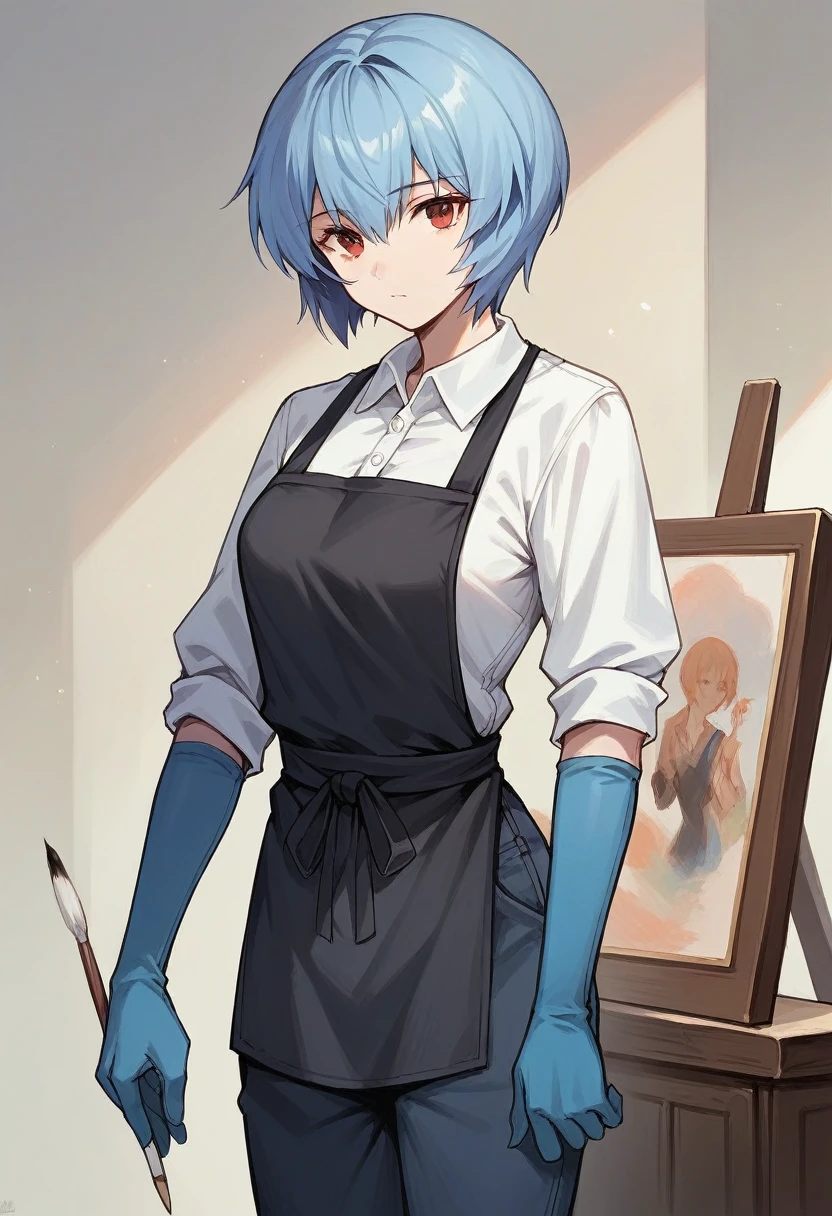 1girl, rei ayanami, ((((blue half elbow gloves)))), (white shirt), ((long sleeves)), (black apron), (pants), looking at viewer, standing, ((painting)), solo