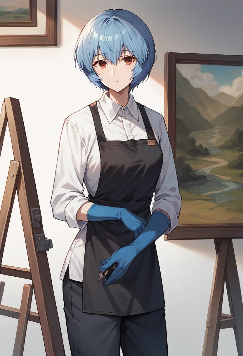 1girl, rei ayanami, ((((blue half elbow gloves)))), (white shirt), ((long sleeves)), (black apron), (pants), looking at viewer, standing, ((painting)), solo 

