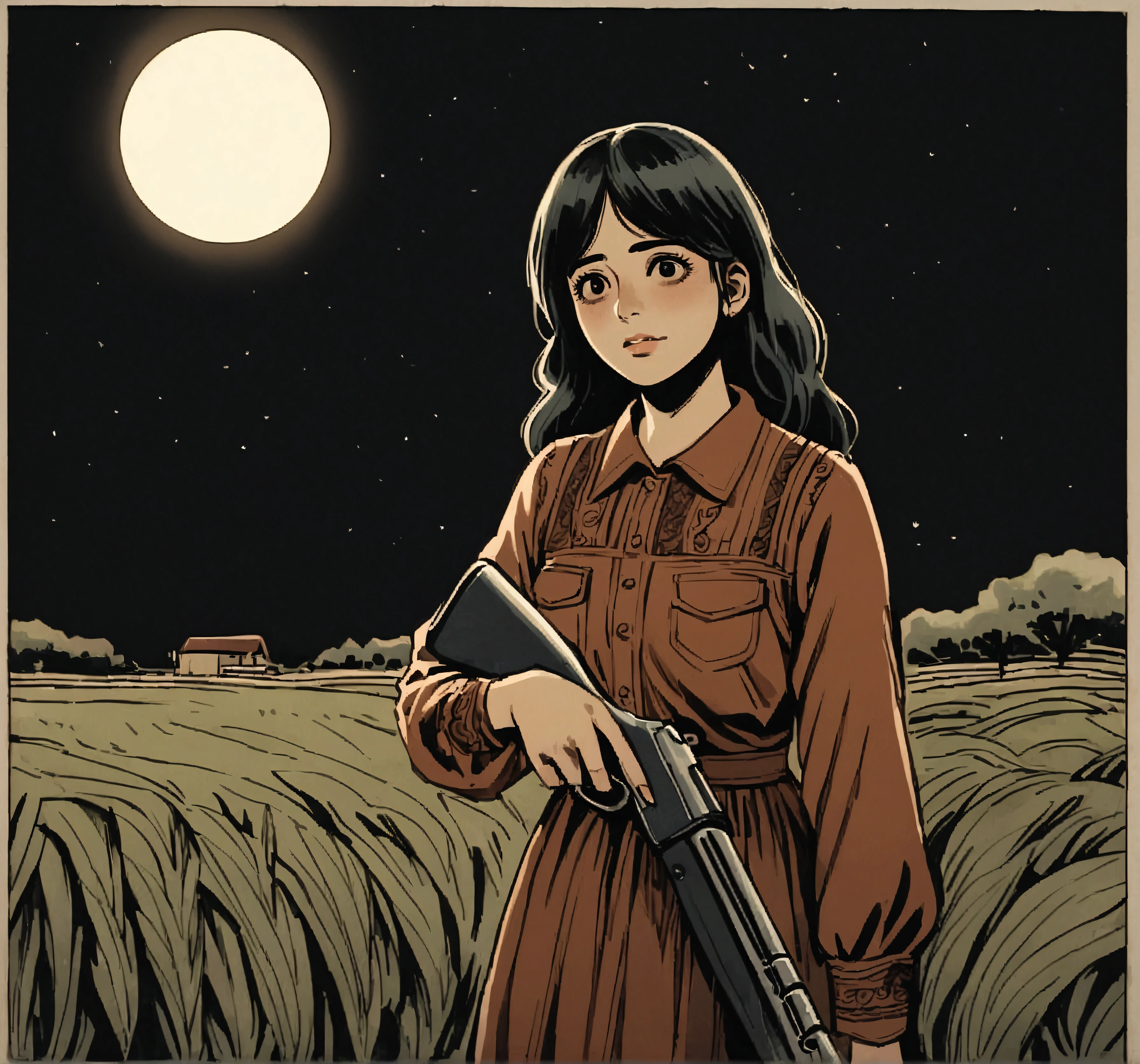 a Mexican farmer girl, holding a shotgun in the middle of the night, on a small farm in the 70s, full moon night, horror movie atmosphere