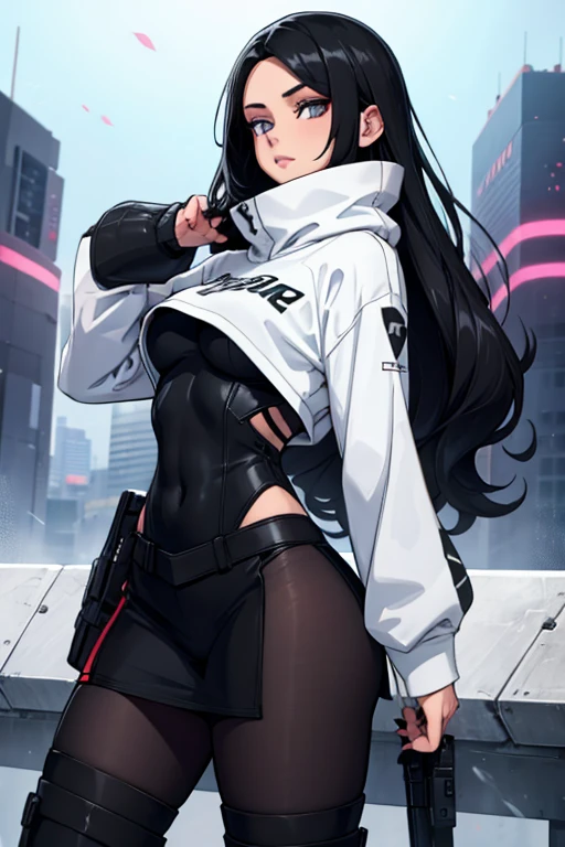 Age 22, White skin girl, , Bblack hair, extremely long hair, , sweatshirt clothes, futuristic armor, Female One, short preto, blackstockings, Women&#39;black sneakers, Bblack hair, hair between the eyes, Bblack hair, cloused mouth, range, cabelo bagunçado Bblack hair cabelo extremamente longos olhos cinzas