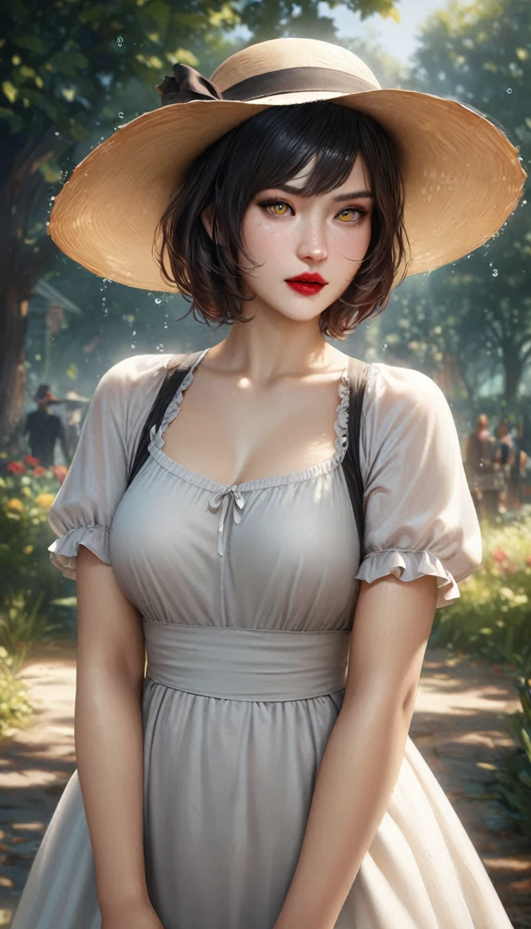 animetoreal,soft light, masterpiece, best quality,high quality,delicate face, realistic,photorealistic,1girl,,alcina_dimitrescu(resident evil), 1girl, black hair, short hair, yellow_eyes, red_lips,,black_hat,sun hat,,maid headdress, maid, apron, short sleeves, dress,,in park,floating droplets of water,