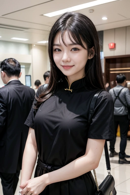 Chinese woman inside a bank branch comes dressed smiling Asian holding a black bag profile photo