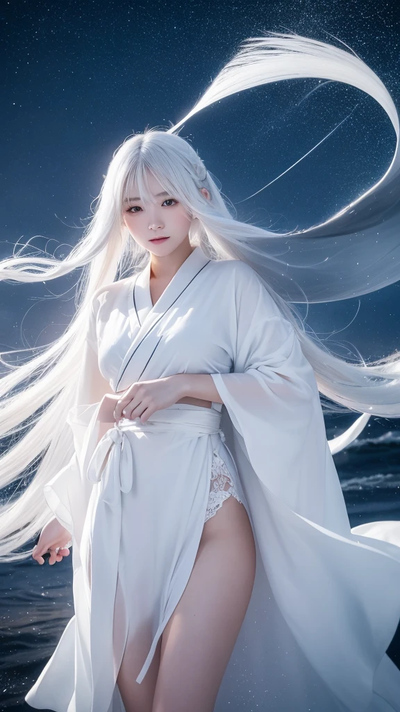 Delicate and dainty young woman with long glossy white hair. She is wearing a white only short thigh-baring kimono. The background is a fantastic and ethereal night sky with a heavy snowstorm. Her expression is stern and atmospheric. Strong winds.