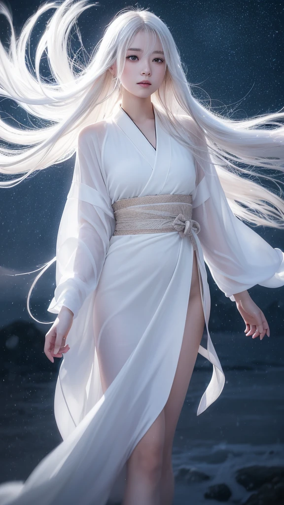 Delicate and dainty young woman with long glossy white hair. She is wearing a white only short thigh-baring kimono. The background is a fantastic and ethereal night sky with a heavy snowstorm. Her expression is stern and atmospheric.　Strong winds.