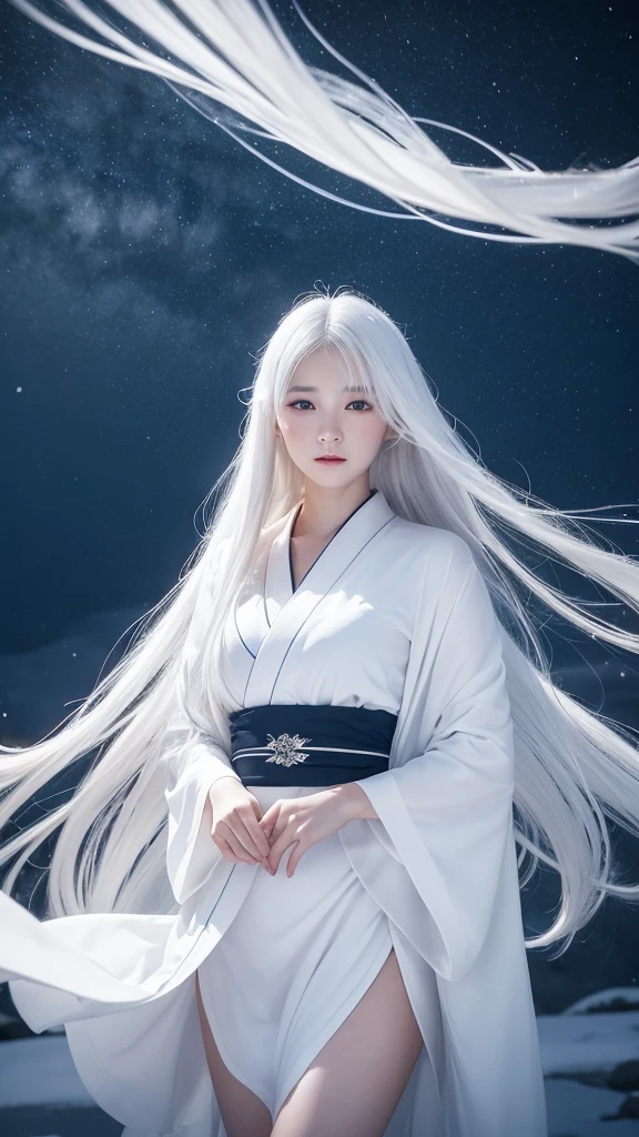Delicate and dainty young woman with long glossy white hair. She is wearing a white only short thigh-baring kimono. The background is a fantastic and ethereal night sky with a heavy snowstorm. Her expression is stern and atmospheric. Strong winds.