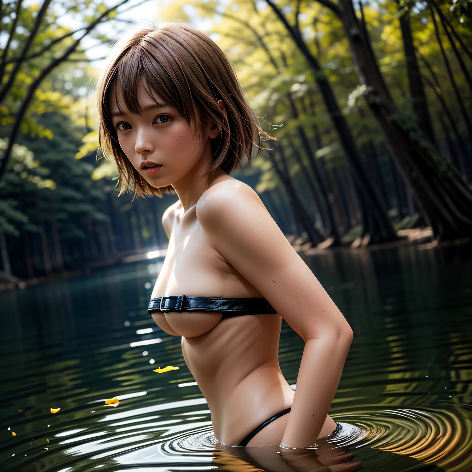 (((Misako Renbutsu)))Beautiful Young Female with Fox Tail in Lake, extremely delicate and beautiful,Outstanding light and shadow,Clear and bright sunlight, Professional portrait (Face Closeup from below), Semi-nude photography, close up portrait of bathing in a lake, Oodles(Floating Petals), ((backlighting)) Sparkling water surface with Reflection and Refraction, ((Soaked body in water)), (beltbra) Visible Upper breasts, {lens flare|Shade|bloom|[chromatic aberration]}, TopQuality Masterpiece of 8K Ultra-detailed DigitalPainting (by Jeremy Lipking)  