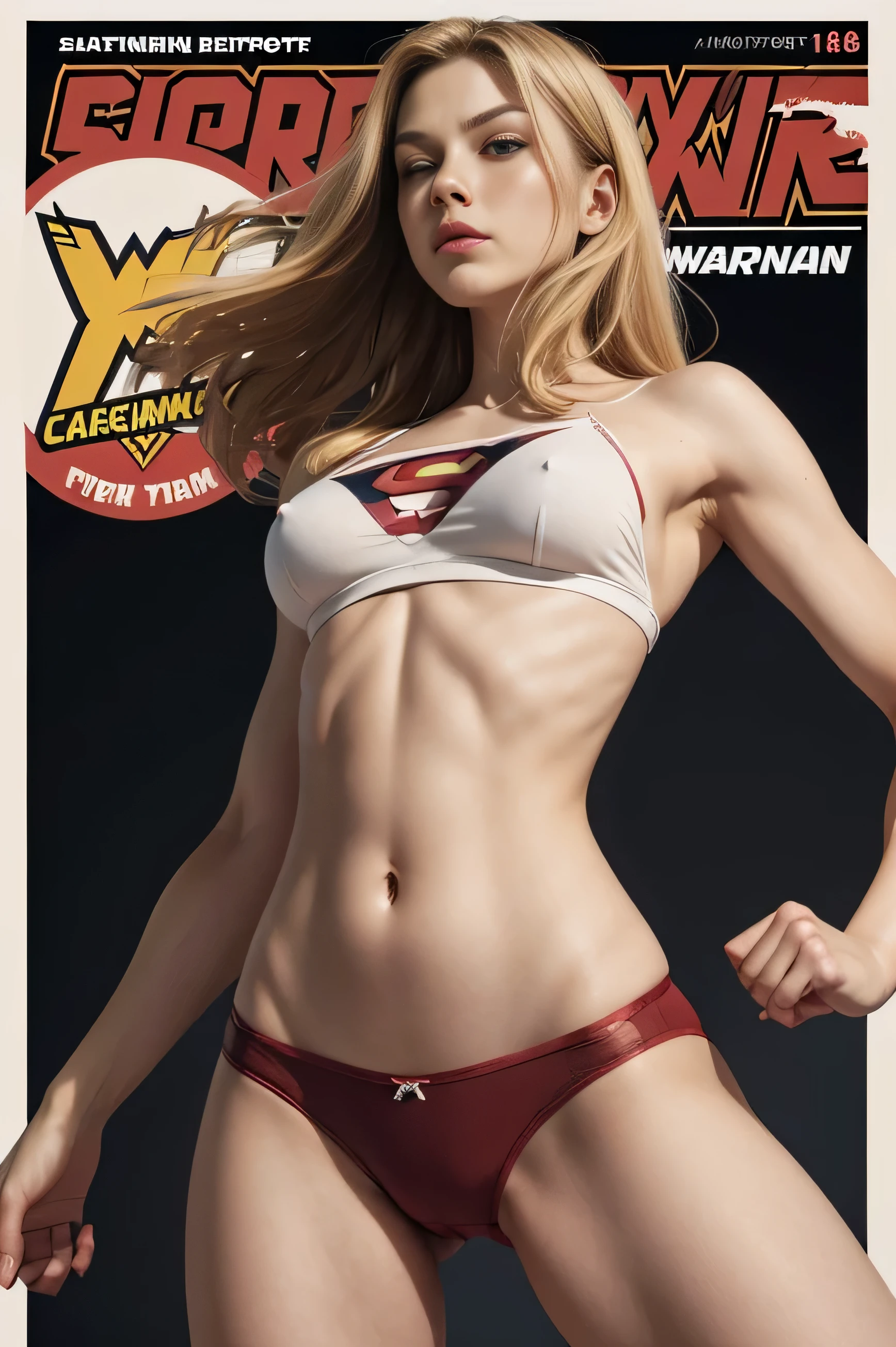 ((Superhero comic cover)), Scandinavian woman with her legs raised, from the front, low angle:1.4, 18yo, provocative position, medium breast, perfect body, narrow waist, wide hips, thigh gap, exposed vagina, nude:1.4, dynamic pose, no panties, rock and roll, glamour makeup, blonde, no body fat, athletic, defined shoulders defined triceps