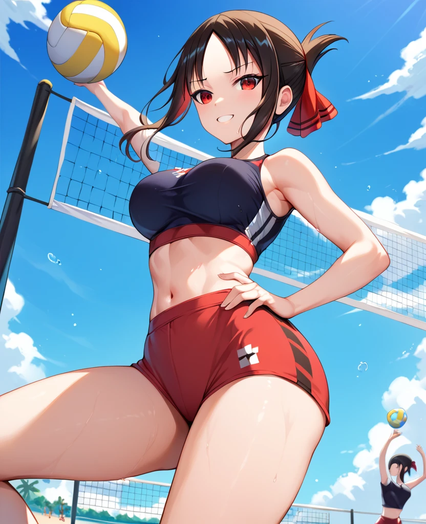 Grace Howard, character from game Zenless Zone Zero, Black hair, Red eyes, playing volleyball on the beach, jumping to hit the ball, sexy framing