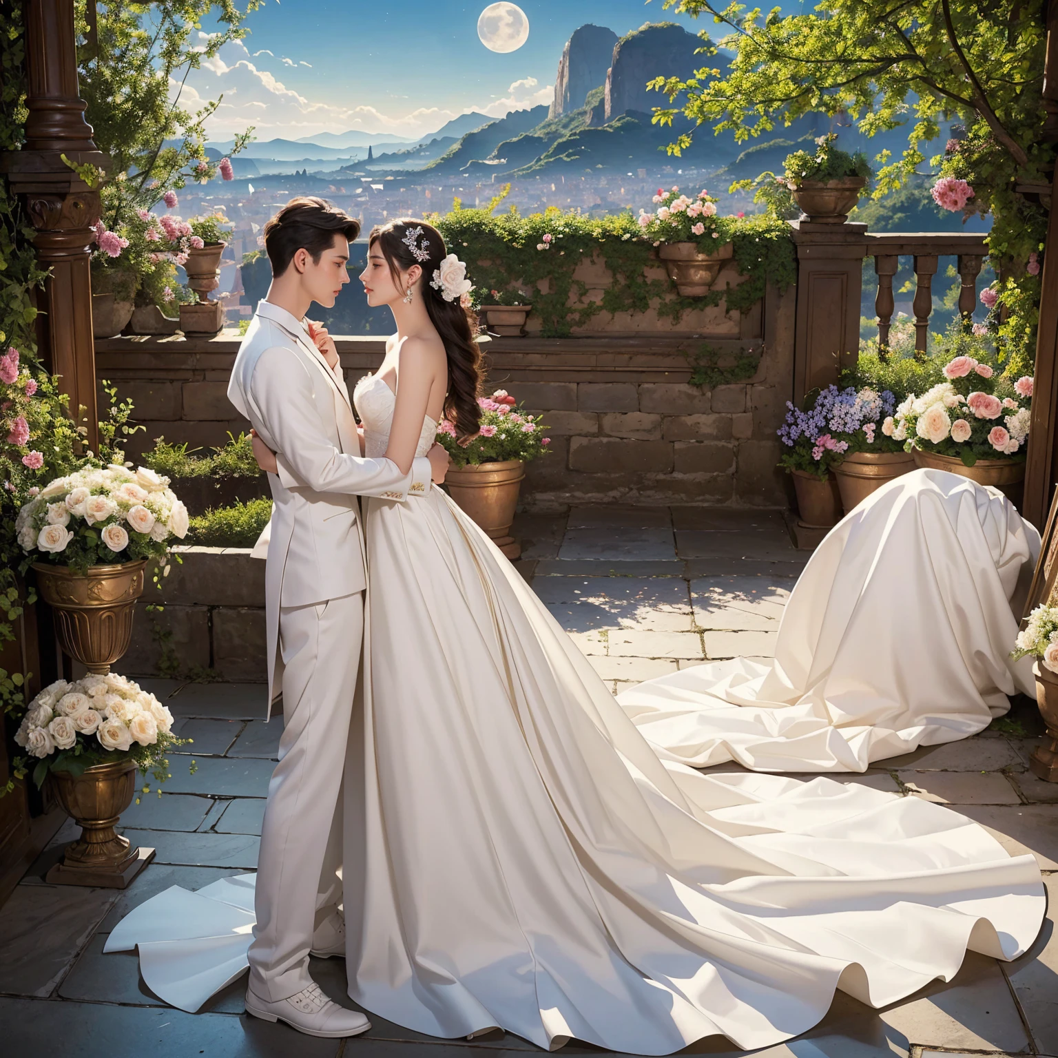 (masterpiece, highest quality, official art, beauty and aesthetic:1.5), perfect anatomy, perfect hands, two stunning bride is deeply in love with each other, kiss, romantic atmosphere, flower and moon, magnificent panorama view