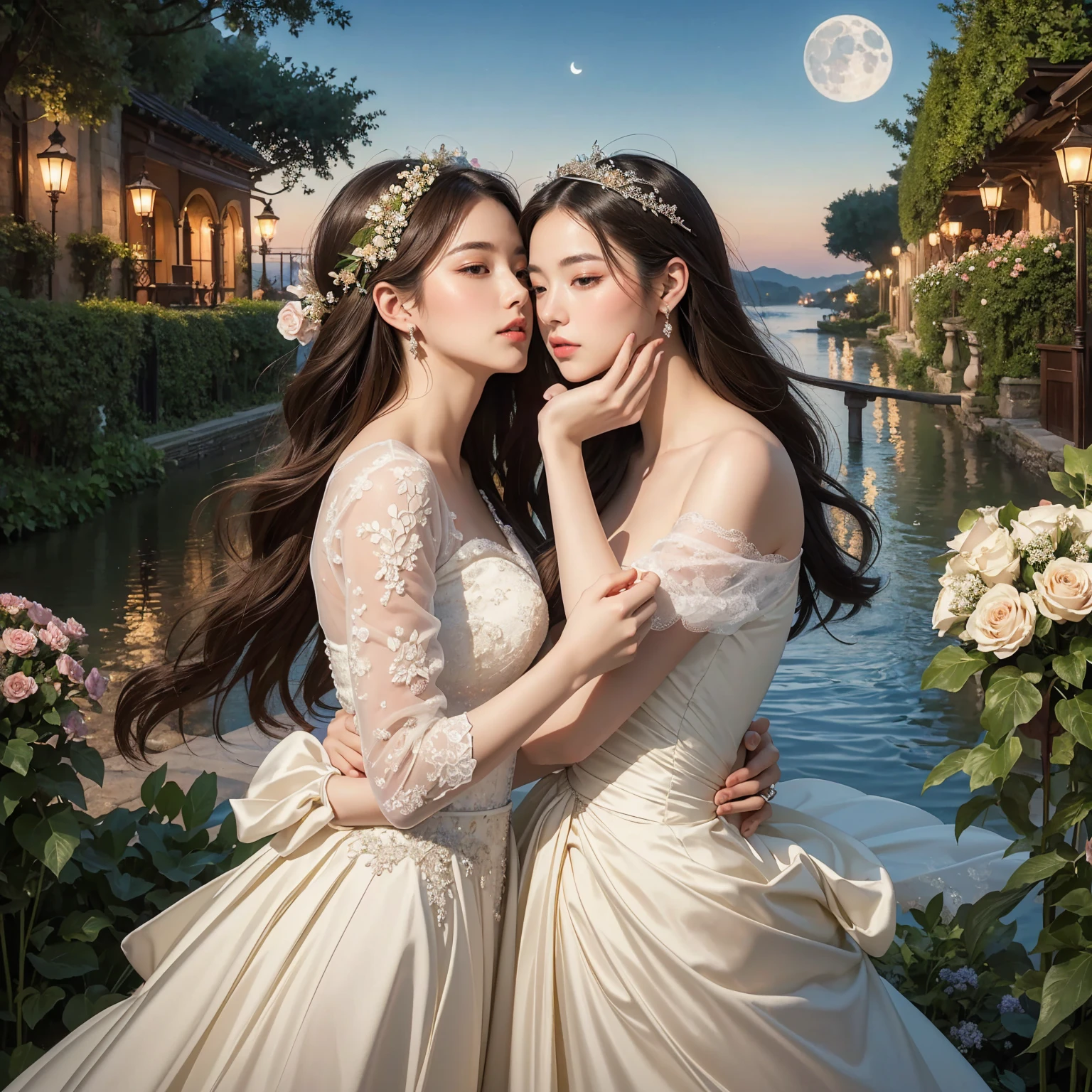 (masterpiece, highest quality, official art, beauty and aesthetic:1.5), perfect anatomy, perfect hands, two stunning bride is deeply in love with each other, kiss, romantic atmosphere, flower and moon, magnificent panorama view