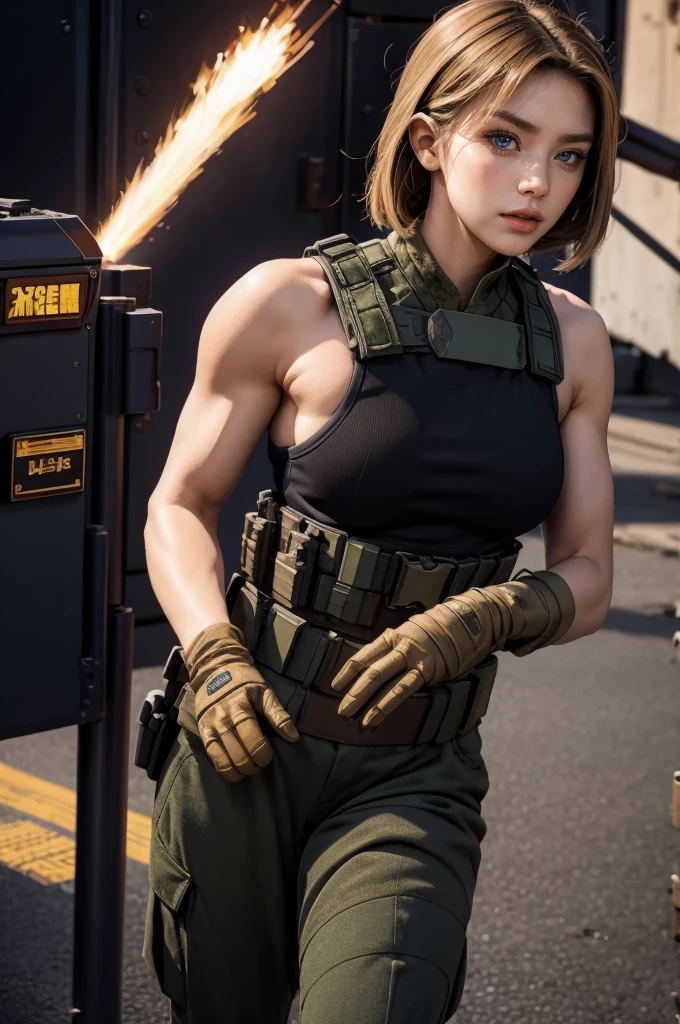 A female superhero wears a leather armored suit and wears a mask over her face in a (DC style),1girl, solo, masterpiece), (best quality), anime art style, anime illustration, super detailed, high dynamic range, depth of field, (colorful), The artwork is ultra-detailed, Theme is original, gritty, and full of modern warfare elements. Filipino woman, 26 years old, tanned bronze skin, amber eyes, (Wearing: USA marine corps uniform, camouflage military uniform, bullet proof vest, pants, utility belt, armor, boots and gloves), holding and aiming a pistol, closed mouth, looking at viewer, hair between eyes, dynamic pose, fighting on the battlefield, outdoors, warzone, ruined city background, serious face, full body shot, masterpiece, best quality, anime aesthetic, gritty tone, absurdres,（8K， 4K， best qualtiy， A high resolution， 超A high resolution：1.1）， （tmasterpiece， realisticlying， photo-realistic：1.1）， cammy white， Street Fighter 61 girl， the face， closeup cleavage， double tails， blond hairbl， 黑The eye， Redlip， （looking at viewert：2）， Medium hair， long eyelasher， shadowing， petty face， largeeyes， exposed bare shoulders， hight contrast，Large breasts,1 girl, beautiful, perfect lighting, muscular, thick thighs, mature woman, milf, navel, abdomen, (masterpiece, high quality: 1.1), anime waifu bodybuilder, beautiful face, debatalho face, extremely detailed eyes, knight character, green eyes, perfect body, fit body, looking at the sword, character holding a sword, abdomen, large breasts, muscular, ((hair) long and blonde), sarashi white breast, sarashi, underboob, breasts bandages, arm bandages (insanely detailed, beautiful detailed face, masterpiece, best quality), (looking disgusted), konosuba, character A2, (white and torn bandages on the arms and legs), image taken from above, camera away, image with focus on the sword, high quality, white light clothes, sweat splattering, character on guard with sword, knight's pose, sword with sharp blade with brightness, clear image, bl