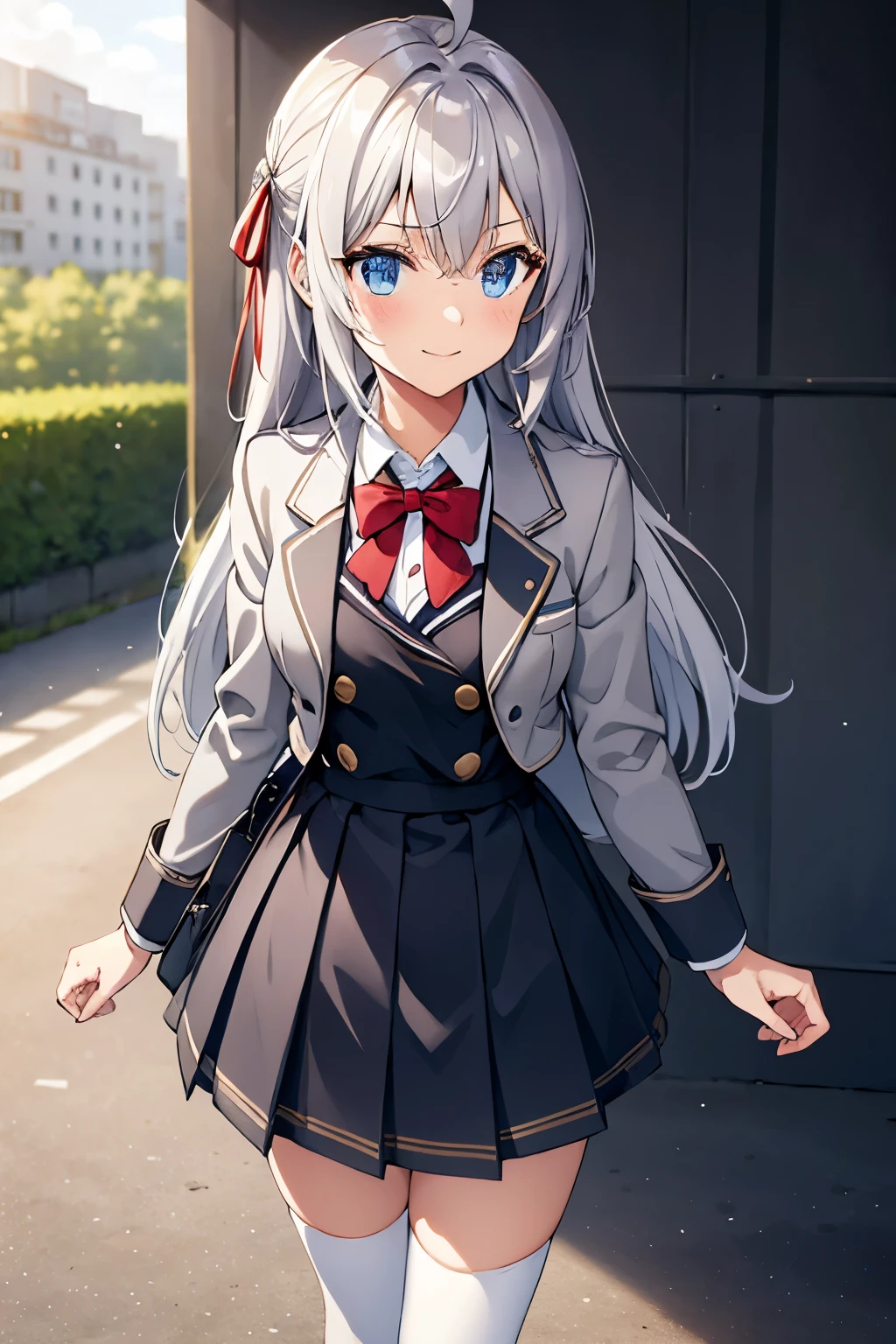 ((masterpiece)),(Highest quality),Official Art,Very delicate and beautiful,Highly detailed CG,unity 8k wallpaper,Super detailed,Beautiful attention to detail,Highly detailed face,Outdoor,One girl,alone、smile,(small:1.2),Alisa Mikhailovna Kujo,Ahoge,Long Hair,Grey Hair,Hair Intake,Hair Ribbon,Red ribbon,Side Lock,Hair between the eyes,bangs,blue eyes,,Grey jacket,Cropped jacket,blazer,Open jacket,Open clothes,Wing Color,Red bow tie,Collared shirt,White shirt,Medium chest,Long sleeve,Double-breasted,Black Dress,Pleated dress,High Waist Skirt,zettai ryouiki,White knee socks,Black footwear,loafers,