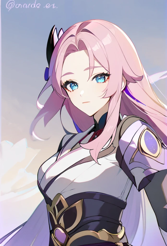 woman, pink hair, blue eyes, long hair, open forehead, no bangs, Raiden Ei clothes from genshin impact