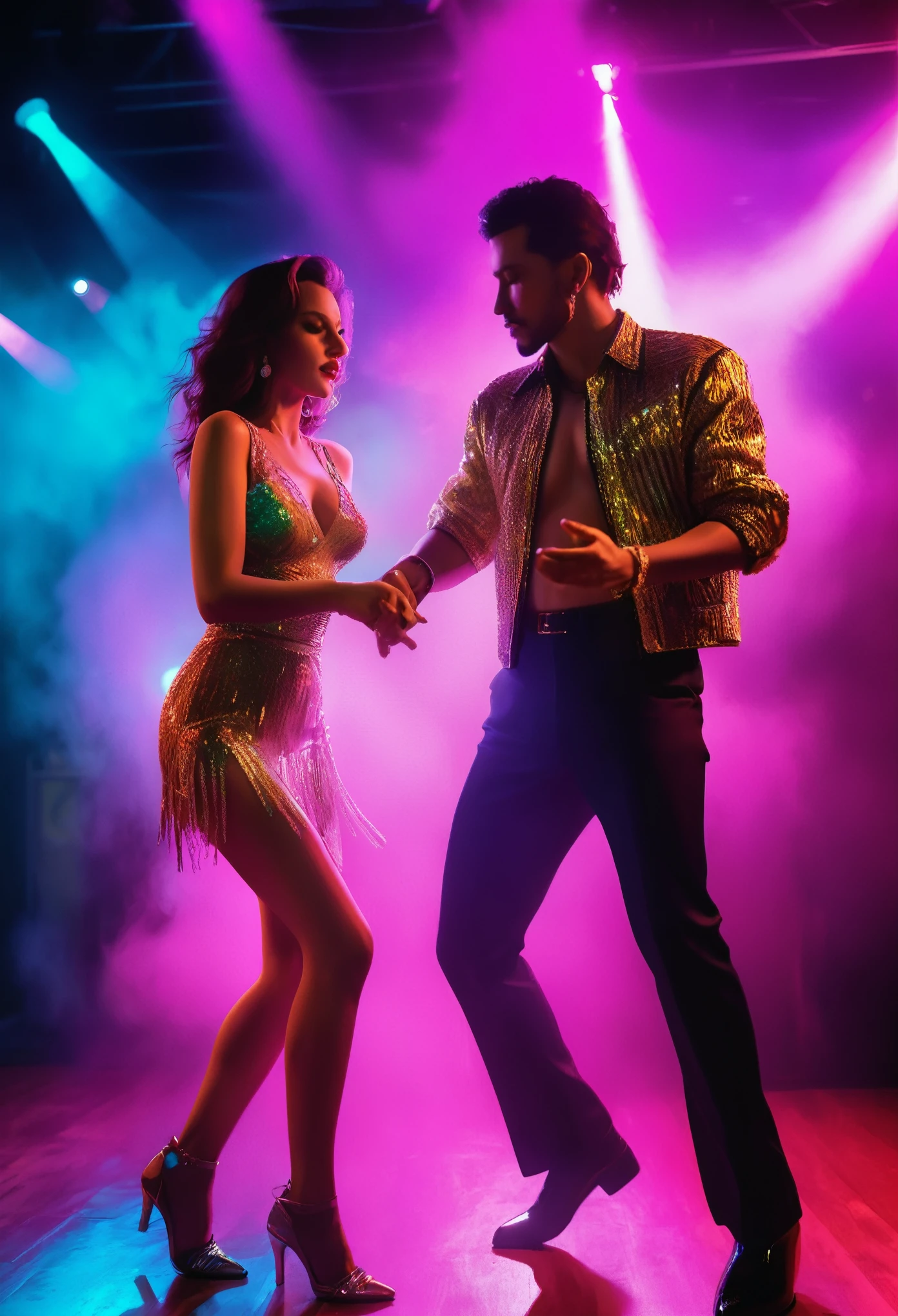 a woman and man dancing cha cha cha on a nightclub stage, 80s retro aesthetic, dramatic spotlight lighting, extreme detail, high quality, photorealistic, vibrant colors, neon lights, smoke machine effects, dynamic poses, glamorous outfits, intricate background details