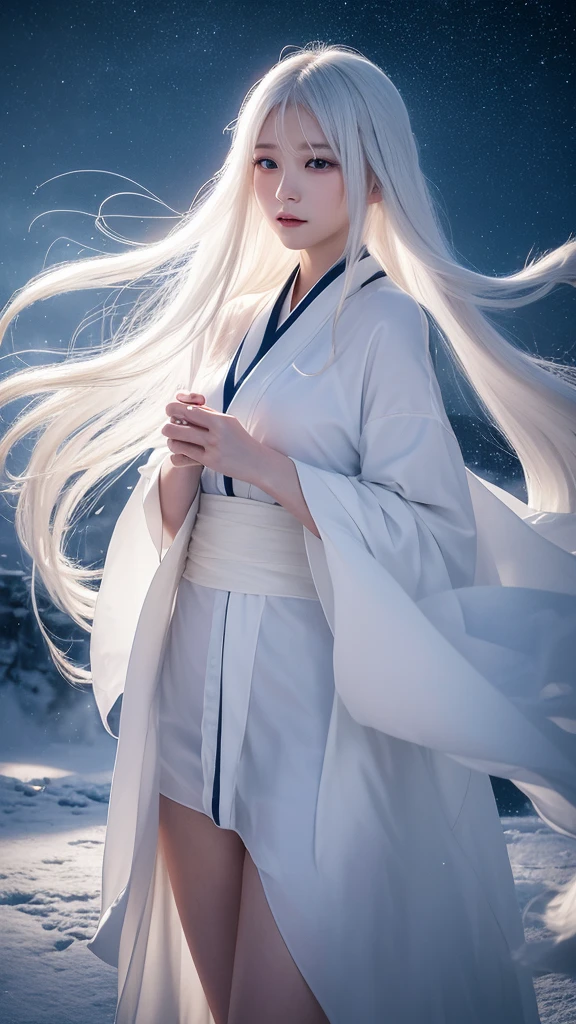 Delicate and dainty young woman with long glossy white hair. She is wearing a white only short thigh-baring kimono. The background is a fantastic and ethereal night sky with a heavy snowstorm. Her expression is stern and atmospheric. Strong winds.