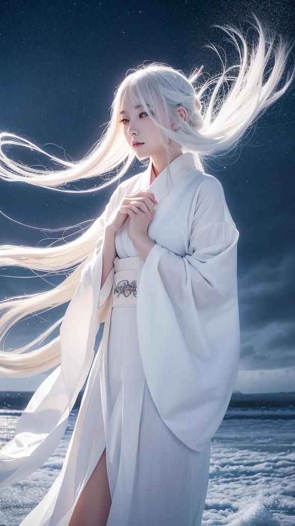 Delicate and dainty young woman with long glossy white hair. She is wearing a white only short thigh-baring kimono. The background is a fantastic and ethereal night sky with a heavy snowstorm. Her expression is stern and atmospheric. Strong winds.