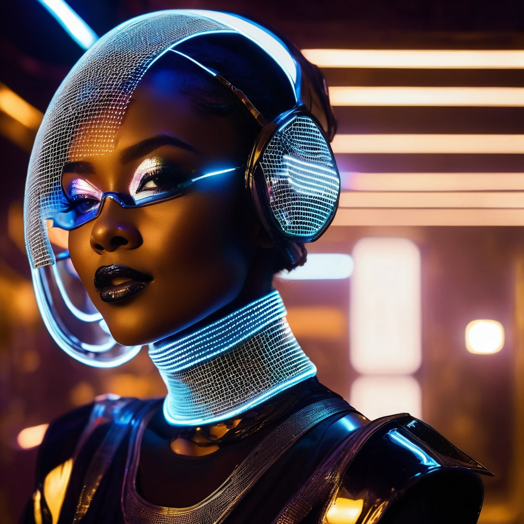(Model with techno headgear)++, AfroFuturistic 3D hi-tech design, Nigerian and West African influences, retro air hostess look, mesh veil over eyes, android cybergirl, Blade Runner 2077 style, LED lights glowing, black and white undiscovered shiny material, asymmetrical shape on the side of her head. (Nightclub setting within a damaged, abandoned spaceship on the planet Tatooine), sparse, hi-tech lighting, model gazing into the distance with a happy expression, photorealistic, high detail, ultra-realistic, 8k sharp focus.