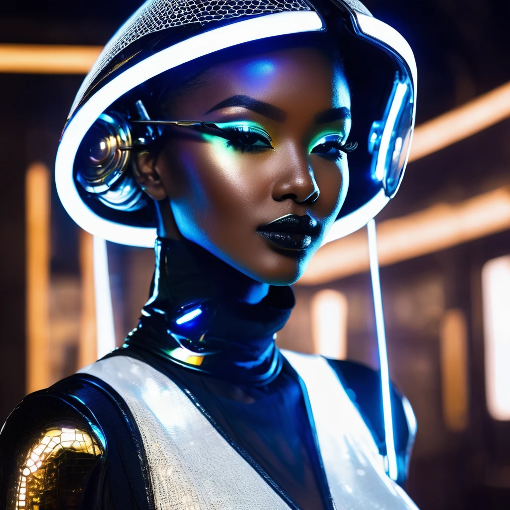 (Model with techno headgear)++, AfroFuturistic 3D hi-tech design, Nigerian and West African influences, retro air hostess look, mesh veil over eyes, android cybergirl, Blade Runner 2077 style, LED lights glowing, black and white undiscovered shiny material, asymmetrical shape on the side of her head. (Nightclub setting within a damaged, abandoned spaceship on the planet Tatooine), sparse, hi-tech lighting, model gazing into the distance with a happy expression, photorealistic, high detail, ultra-realistic, 8k sharp focus.