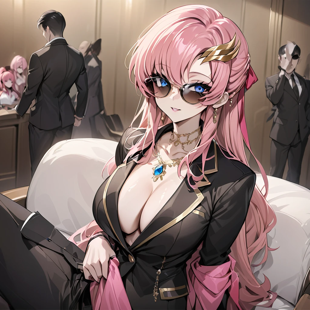 ((Highest quality)), ((masterpiece)), (detailed), (Perfect Face)、The woman is Lacus Clyne, a villainous mafia woman with blue eyes and medium-long pink hair, wearing a black suit, sunglasses, and luxurious accessories.、She is being held close by the mafia boss、The woman is a ruthless mafia member who swears absolute loyalty to the mafia and her boss.