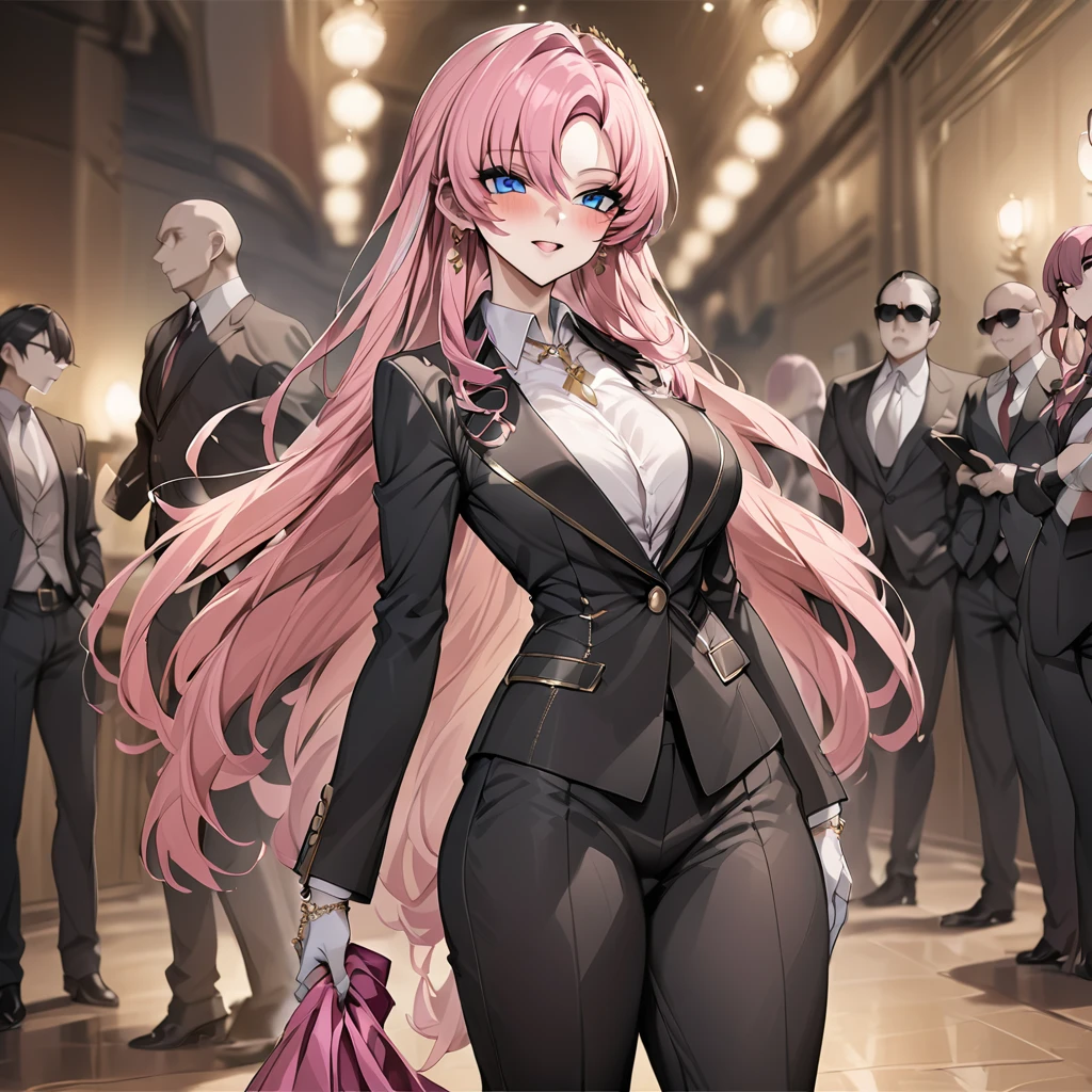 ((Highest quality)), ((masterpiece)), (detailed), （Perfect Face）、The woman is Lacus Clyne, a villainous mafia woman with blue eyes and medium-long pink hair, wearing a black suit, sunglasses, and luxurious accessories.、She is being held close by the mafia boss、The woman is a ruthless mafia member who swears absolute loyalty to the mafia and her boss.