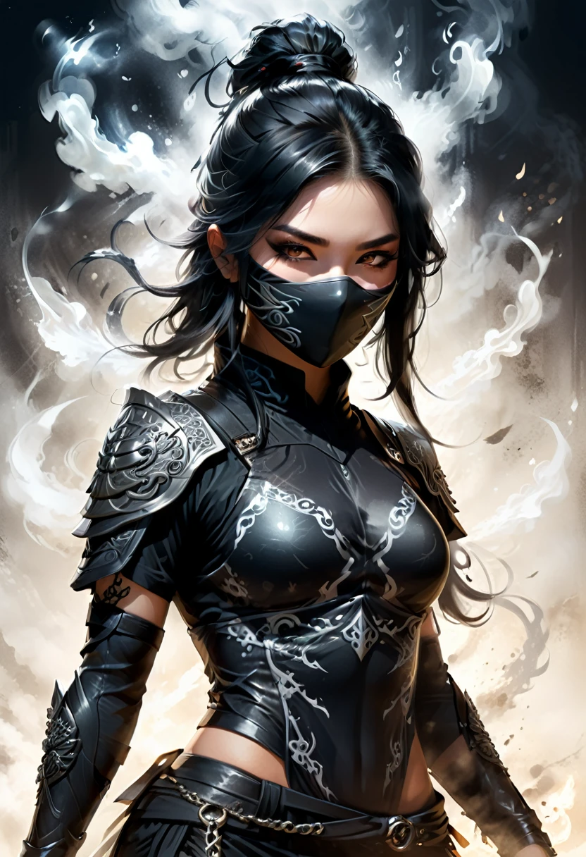 Create a logo, centered white background, captivating, ultra-detailed hyper-realistic profile illustration with smoke effects, dirty effects, dust effects, mix of light and shadow effects create a dramatic and mysterious atmosphere, dark fantasy, vibrant , illustration, photo, cinematic, featuring a stunning volumetric female ninja, wearing an ornate black ninja costume and mask, ornate details and intricate patterns, emitting shiny black hair cascading down her shoulders, casting a shadow spell, powerful pose, glowing white eyes, shadow clone, dystopian battle arena.