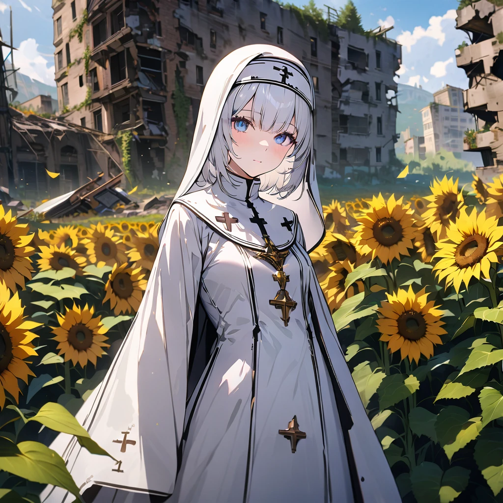 White nun with long white hair, lots of sunflowers, ruins, satellite, detailed background, detailed writing, 4k, UHD, absurd, ultra quality, masterpiece,