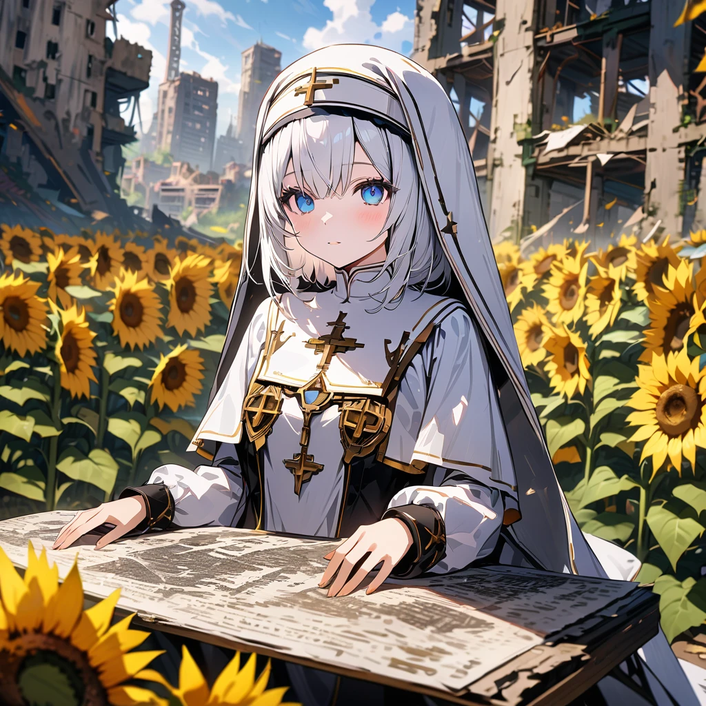 White nun with long white hair, lots of sunflowers, ruins, satellite, detailed background, detailed writing, 4k, UHD, absurd, ultra quality, masterpiece,