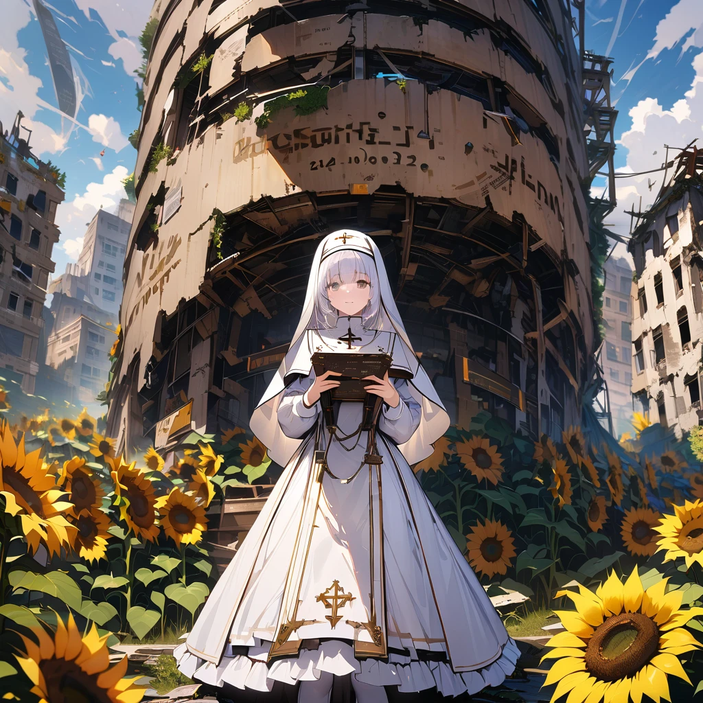 White nun with long white hair, lots of sunflowers, ruins, satellite, detailed background, detailed writing, 4k, UHD, absurd, ultra quality, masterpiece,