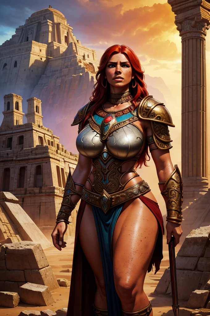 a barbarian woman standing in aztec ruins, hourglass figure, rubenesque, red hair, freckles, full body shot, bronze armor, silver jewelry, (best quality,4k,8k,highres,masterpiece:1.2),ultra-detailed,(realistic,photorealistic,photo-realistic:1.37),fantasy,figurative,digital painting,dramatic lighting,cinematic composition