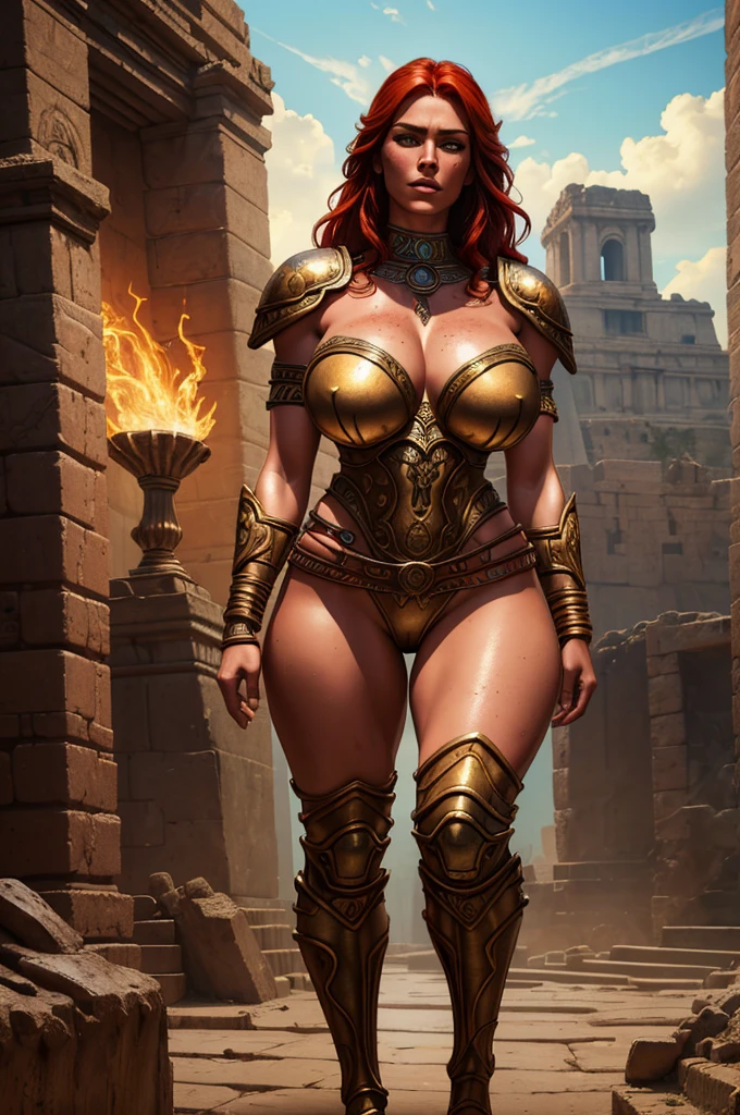 a barbarian woman standing in aztec ruins, hourglass figure, rubenesque, red hair, freckles, full body shot, bronze armor, silver jewelry, (best quality,4k,8k,highres,masterpiece:1.2),ultra-detailed,(realistic,photorealistic,photo-realistic:1.37),fantasy,figurative,digital painting,dramatic lighting,cinematic composition