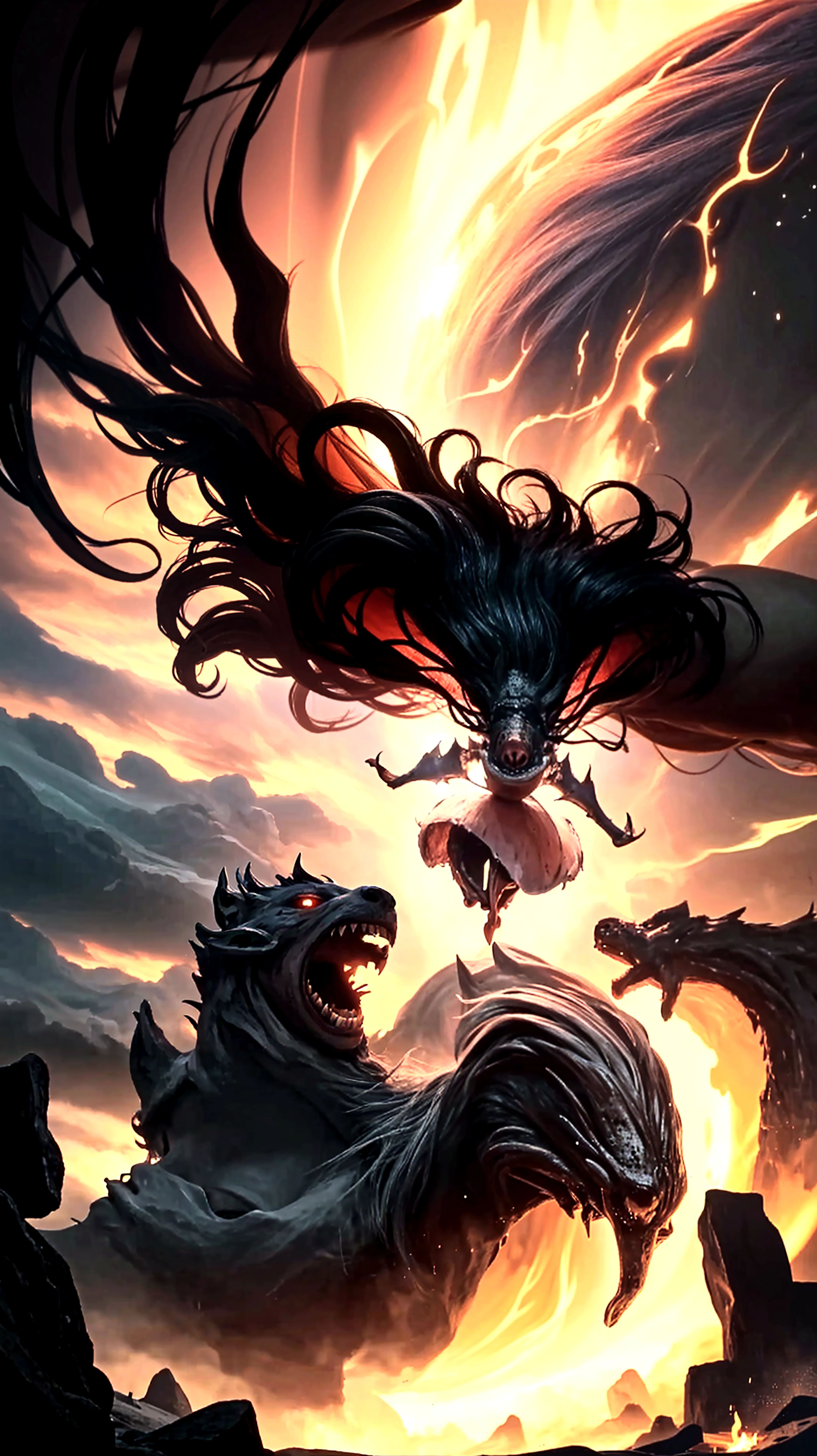 ((best quality)), ((masterpiece)), (detailed), A digital illustration of a furious woman in a light peach color princess dress with long black hair flying in the air surrounded by monsters, with a tornado and lava in the background 