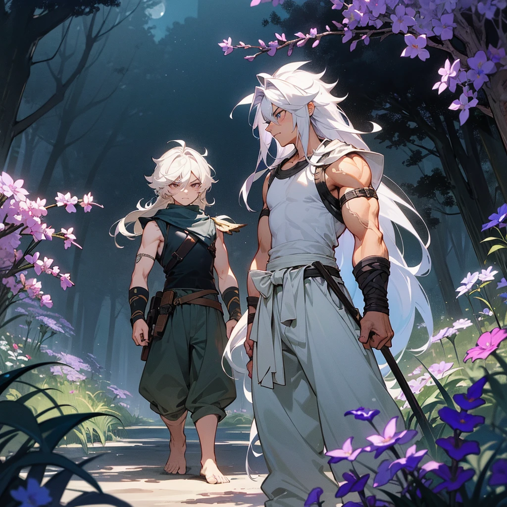 1male, muscular, young , finely detailed lavander eyes, wild long hair, messy hair, seashell white color hair, adventurer gear, sleeveless shirt, baggy combat pants, night time, dark forest, somber expression, angry, flowers, standing on path, lanturns, black armband, cut over eyebrow
