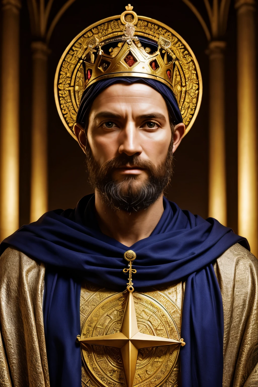 KING DAVID , long clothing, religion, ultra photorealism, face detailed, ancient city, godly light, sacred aura, sacred symbols, serene expression, lifelike textures, work of art:1.2, sharp focus, swirly vibrant colors