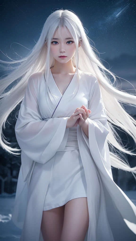 Delicate and dainty young woman with long glossy white hair. She is wearing a white only short thigh-baring kimono. The background is a fantastic and ethereal night sky with a heavy snowstorm. Her expression is stern and atmospheric.　Strong winds.