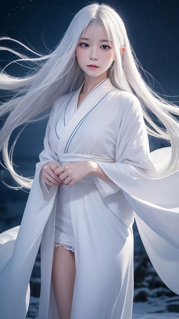 Delicate and dainty young woman with long glossy white hair. She is wearing a white only short thigh-baring kimono. The background is a fantastic and ethereal night sky with a heavy snowstorm. Her expression is stern and atmospheric.　Strong winds.