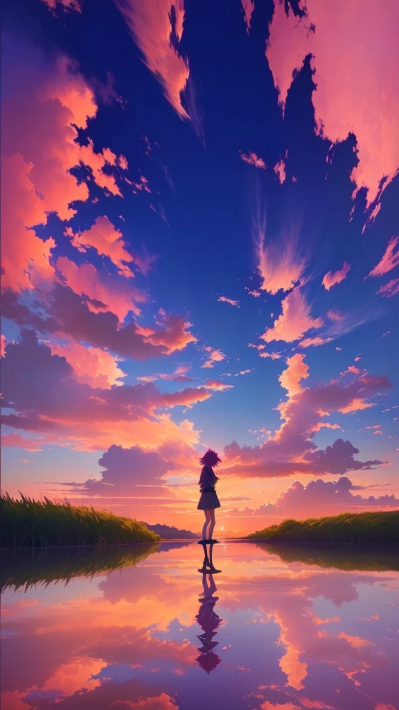 Breathtaking sunset landscape. Expansive sky filled with dramatic, colorful clouds in shades of pink, purple, and orange. Tranquil water surface perfectly reflecting the vibrant sky and clouds. A lone dog standing in shallow water, its reflection mirrored perfectly. Lush grassy shores framing the scene. Hyper-realistic detail, golden hour lighting, shot with a high-end DSLR camera. Anime-inspired art style with rich, saturated colors and dreamy atmosphere."
This prompt maintains the key elements of the original scene - the stunning sky, the reflective water, and the silhouetted figure - while replacing the human with a dog. It emphasizes the high-quality aspects and the fantastical, anime-inspired style to create an even more visually striking image,no human