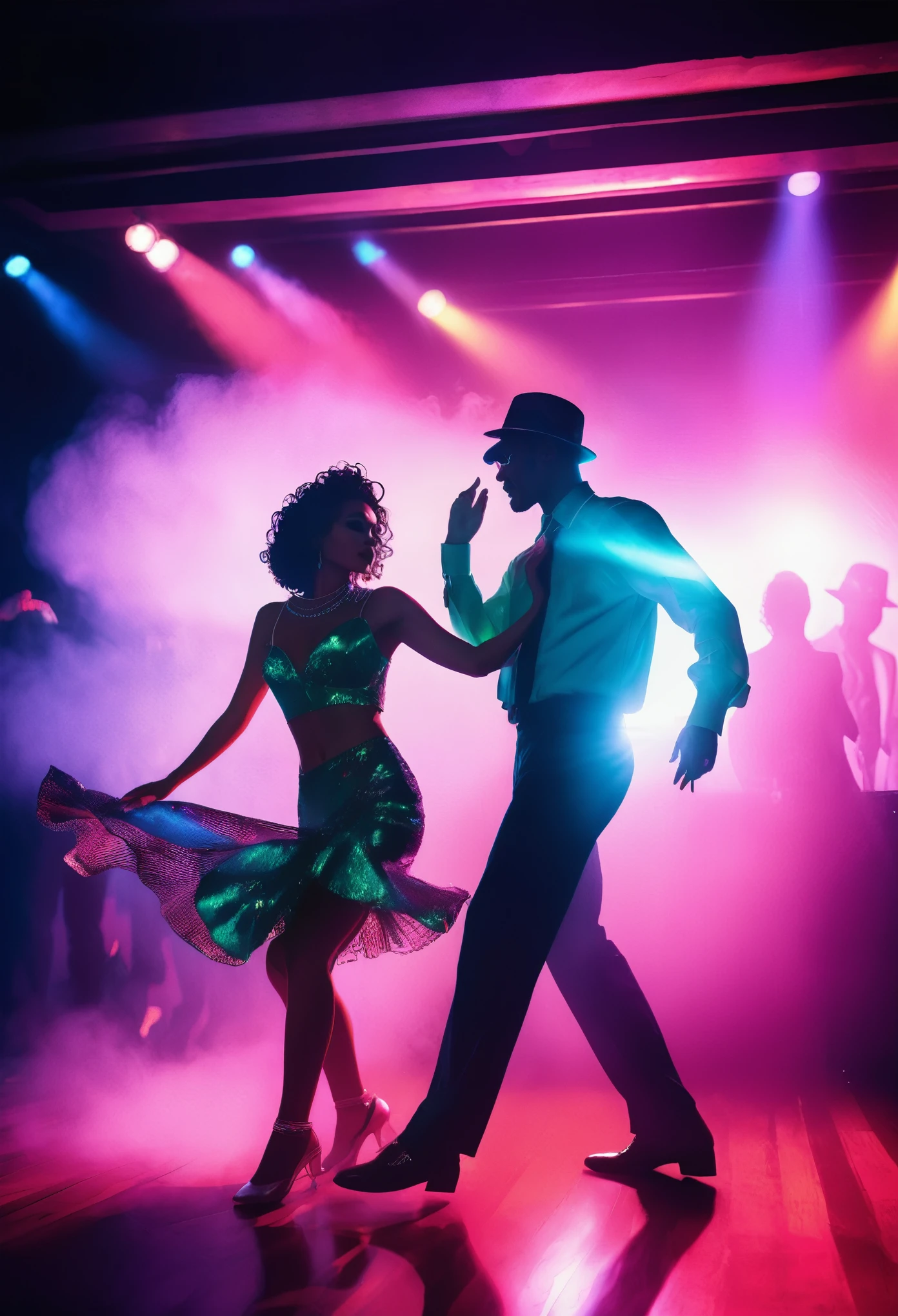 a woman and man dancing cha cha cha on a nightclub stage, 80s retro aesthetic, dramatic spotlight lighting, extreme detail, high quality, photorealistic, vibrant colors, neon lights, smoke machine effects, dynamic poses, glamorous outfits, intricate background details